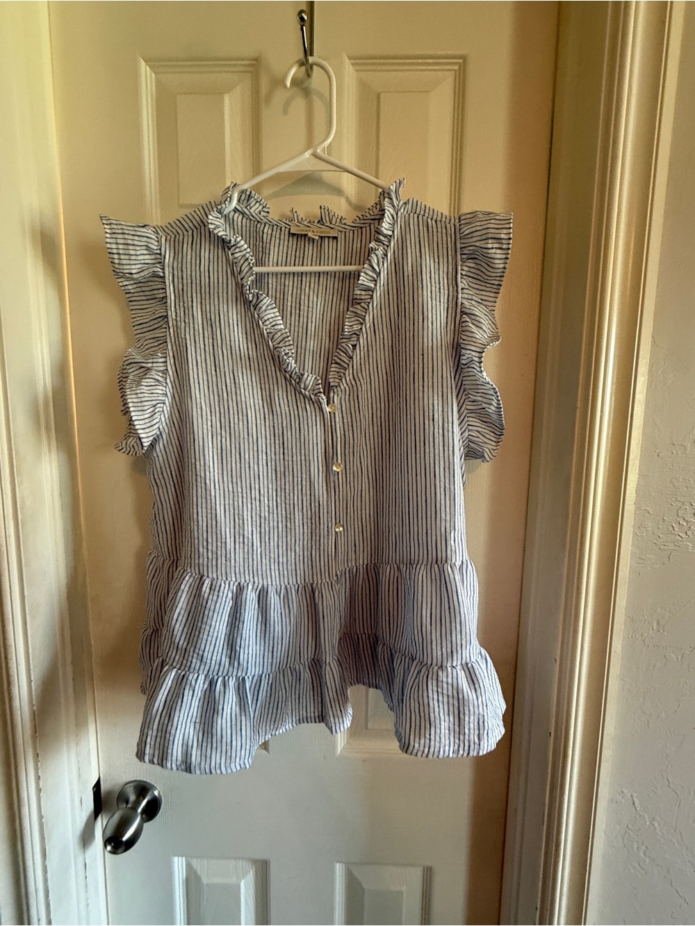 Blue and White Striped Ruffle V-Neck Peplum Tee